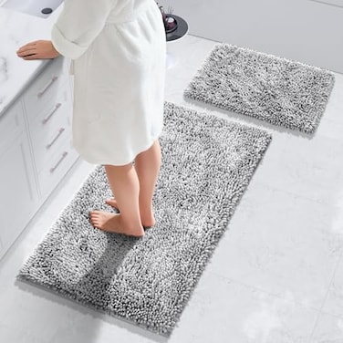 Yimobra Bathroom Rug Set 2 Piece Luxury Shaggy Bath Mat Set with Non Slip Backing Ultra Soft Absorbent Mats for Bathroom Floor Machine Washable 44x2424x17 Light Grey