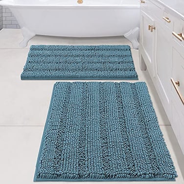 H.VERSAILTEX HVERSAILTEX 2 Piece Bathroom Set Super Absorbent Chenille Striped Bath Mats Non Skid Machine Washable Turquoise Blue 24 x 36 Plus 20 x 32 Inches