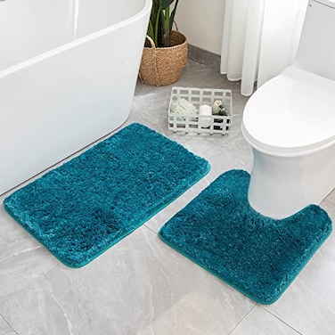 MIULEE Teal Bathroom Rugs Set 2 Piece Soft Absorbent Microfiber Bath Mat and UShaped Contour Toilet Rug Non Slip Quick Dry Washable Plush Shaggy Bath Rugs for Bathroom20x2020x30