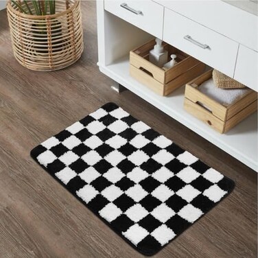 Uphome Bath Mats for Bathroom Black and White Checkered Machine Washable Bathroom Rug Non Slip 18x26 Water Absorbent Soft Microfiber Bathroom Mat for Tub Shower Floor