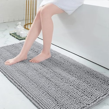 Grandaily Chenille Striped Bathroom Rugs 59x24 Extra Thick and Absorbent Bath Mats NonSlip Soft Plush Shaggy Shower Carpet Machine Wash Dry Bath Rug for Bathroom Light Grey