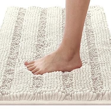 H.VERSAILTEX HVERSAILTEX Bathroom Rugs Bath Rugs for Bathroom Non Slip Bath Mats Extra Thick Chenille Striped Rug 17 x 24 Absorbent Soft Shaggy Washable Dry Fast Bath Mats for Bath Room Floor Ivory