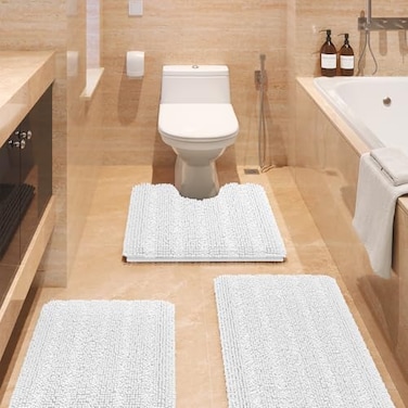 ACCUMTEK Striped White Bathroom Rug Set 3 Pieces Ultra Soft Non Slip Chenille Toilet Mat Absorbent Plush Shaggy Bath Mats for Bathroom Bedroom Kitchen Ivory