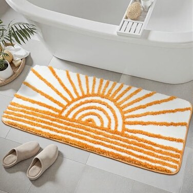 Uphome Boho Bathroom Runner Yellow and White Sun Long Bathroom Rugs Non Slip Water Absorbent Microfiber Bath Mat Modern Minimalism Machine Washable Bath Rugs for Bathtub Sink Shower 18x47 inch