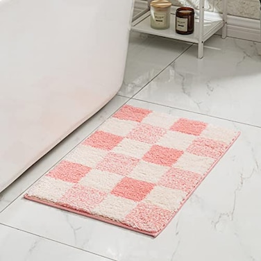 CozeCube Bath mats for Bathroom Non Slip Fluffy Absorbent Microfiber Bath mat Washable Aesthetic Bathroom Rugs Cute Blossom Pink Checkered Bath mat Blossom Pink 32 x 20