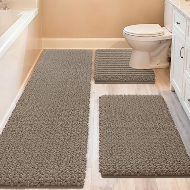 ACCUMTEK Upgrade Extra Large Dark Beige Bathroom Rug Set 3 Pieces Gray Ultra Soft Thick Absorbent Bath Mats Non Slip Chenille Toilet Mat Bathroom Bedroom Kitchen Taupe