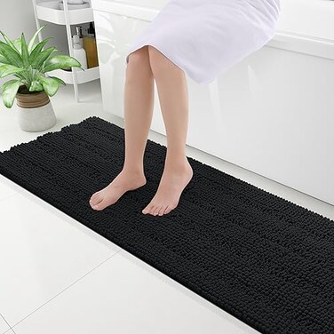 Grandaily Chenille Striped Bathroom Rugs 59x20 Extra Thick and Absorbent Bath Mats NonSlip Soft Plush Shaggy Shower Carpet Machine Wash Dry Bath Rug for Bathroom Black