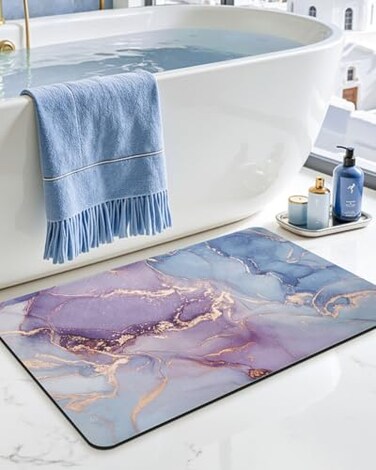 DEXI Bathroom Mat Ultra Thin Non Slip Bath Rug for Shower Floor Absorbent Quick Dry Marble Bathmats Low Profile 24x16 Blue and Purple