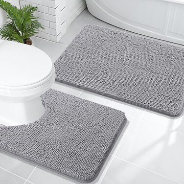 OLANLY Bathroom Rugs Sets 2 Piece Soft Absorbent Chenille Bath Mats and UShaped Contour Toilet Mat Area Rug Set Machine Washable Bath Carpet Home Decor Accessories 30x2024x20 Grey