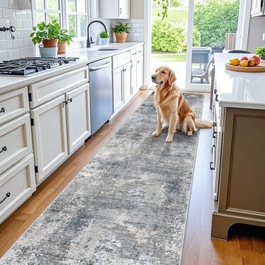 BYYVOO 3x12 ft Non Skid Hallway Runner Rug Long Washable Stain Resistant Low Pile Thin Carpet Runners for Kitchen Entryway BathroomModern Abstract NeutralBlue Grey3x12