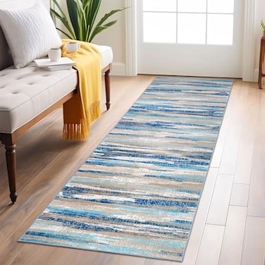 Lansny Abstract Runner Rug 2x6 Blue Washable Hallway Runner Rug NonSlip Soft Printed Kitchen Runner Thin Faux Wool Runners for Hallways Modern Floor Carpet for Entryway Bedroom Hall Indoor