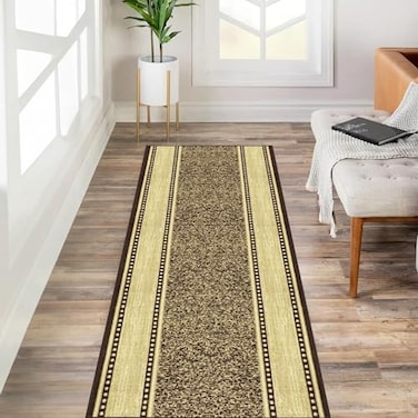 Kapaqua Custom Size Brown Gold Beige Bordered Rubber Backed NonSlip Hallway Stair Runner Rug Carpet 22 inch Wide Choose Your Length 22in X 5ft