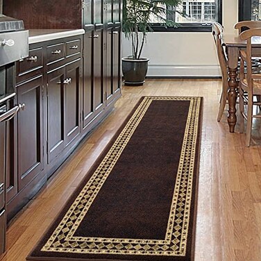Antep Rugs Alfombras Modern Bordered 2x7 NonSkid NonSlip Low Profile Pile Rubber Backing Indoor Area Runner Rugs Brown Beige 2 x 7