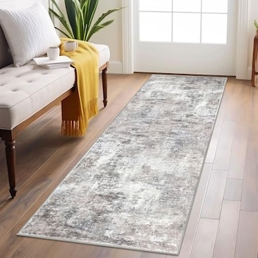 Lansny Abstract Runner Rug 2x6 Washable Runners for Hallways Soft Kitchen Runner Rug NonSlip Beige Grey Thin Print Faux Wool Floor Carpet Rug Runner for Entryway Hall Bedroom Laundry Room Indoor