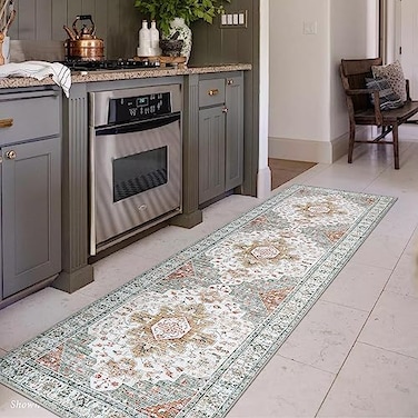 Moynesa UltraThin Washable Runner 26 x 8 Hallway Rug Kitchen Bathroom Carpet Vintage Printed Low Pile Entryway Runner for Apartment Camper RV BeigeGold
