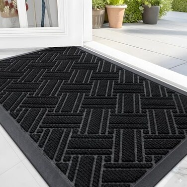 OLANLY Indoor Outdoor Mat Sturdy Natural Rubber Floor Mat Non Slip Low Profile Waterproof Doormat and Stain Front Door Mats Easy Clean Patio Entrance Mat 30x17 Black