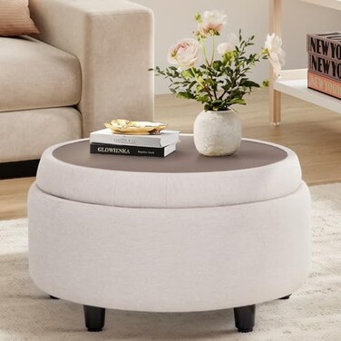 COLAMY Fabric Round Storage Ottoman with Reversible Tray Lid MultiFunctional Footrest Hidden Storage Sturdy Stylish Small Coffee Table for Living Room Bedroom or EntrywayBeige