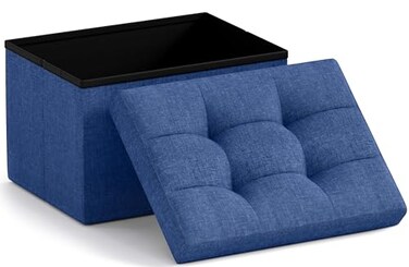 Ornavo Home Small Storage Ottoman Foldable Collapsible Rectangle Linen Ottoman Foot Rest Stool Seat for Living Room Bedroom Home Office Dorm 12 x 16 x 12 Navy Blue