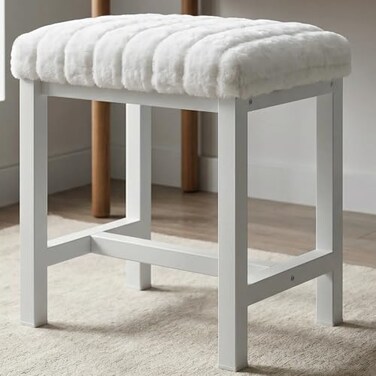 KAI-ROAD Small Plush Vanity Stool Cute Vanity Stools with Soft Faux Rabbit Fur Cushion White Makeup Vanity Chair for Small Spaces Living Room Bedroom Entryway Ottoman Foot Rest for Couch Sillas Modern