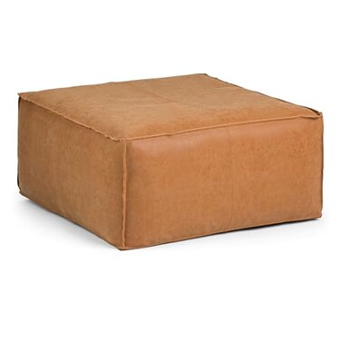 SIMPLIHOME Brody Large Square Coffee Table Pouf 30 inch Wide Upholstered Vegan Leather Ottoman in Distressed Brown Boho Footstool Coffee Table or Extra Seating for Living Room Assembled