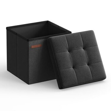 SONGMICS Storage Ottoman Foldable Small Ottoman Foot Rest 118 Inches Foot Stool Cube Ottoman with Storage Load up to 286 lb for Living Room Bedroom Dorm Ink Black ULSF028B01