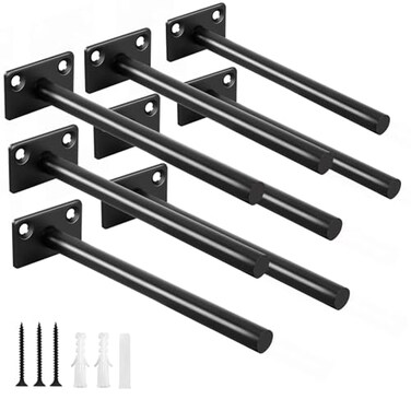 MHMYDZ 8 Pcs 6 Black Solid Steel Floating Shelf Bracket Blind Shelf Supports Hidden Brackets for Floating Wood Shelves Concealed Blind Shelf Support Screws and Wall Plugs Included