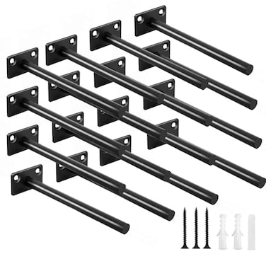 MHMYDZ 16 Pcs 6 Black Solid Steel Floating Shelf Bracket Blind Shelf Supports Hidden Brackets for Floating Wood Shelves Concealed Blind Shelf Support Screws and Wall Plugs Included
