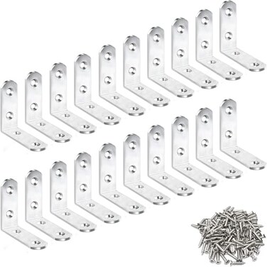 CAMMUITA 20 Pack L Bracket Corner Braces 2 Inch Stainless Steel Heavy Duty Shelf Bracket for Wood Shelves Wall Hanging Support 90 Degree Joint Right Angle Brackets with Screws