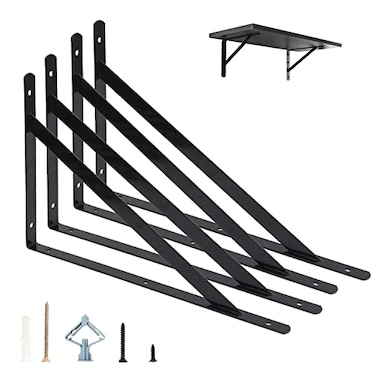 Kamiaha 4 Pack L16 x H 10 Heavy Duty Shelf Brackets with Screws Wall Shelves Brackets with 90 Degree Triangle Black Metal Shelf Brackets Shelves L Brackets400x250mm