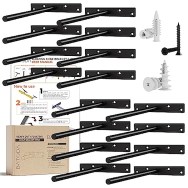 BATODA 8 Floating Shelf Bracket Heavy Duty 16 pcsSolid Steel Blind Shelf Supports Hidden Brackets for Floating Wood Shelves Blind Shelf Support Shelving Mounting Hardware Included Pack 16