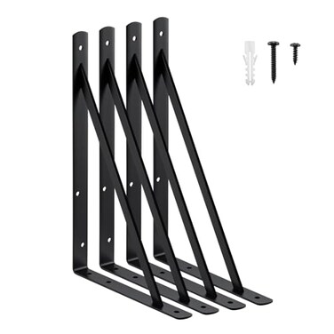 HOME MASTER HARDWARE 16x10 inch Heavy Duty Shelf Brackets Black Metal Wall Mounted Supports for Shelves L Shaped Shelf Angle Bracket for Floating Shelves 4 Pack