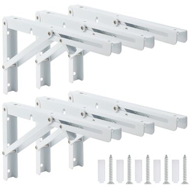 ZEONHAK 6 PCS 12 Inch Folding Shelf Brackets White Collapsible Shelf Bracket White Heavy Duty Triangle Folding Angle Bracket Metal Folding L Brackets for Shelves Table Max Load 132 lbs Black