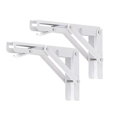 YUMORE Folding Shelf Brackets 8 Inch Heavy Duty Collapsible Shelf Bracket DIY L Bracket for Workbench Folding Table Hinge Max Load 300lb White 2 Pack