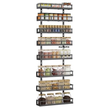 X-cosrack Xcosrack 8Tier Adjustable Spice Rack WallMounted SpaceSaving Organizer with Mixed Baskets LargeCapacity Seasoning Holder for Kitchen Pantry Black