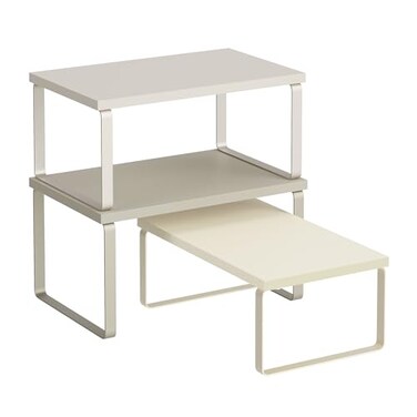SONGMICS Cabinet Organizer Shelf Set of 3 Kitchen Counter Shelves Kitchen Storage Spice Rack Stackable Expandable Sand Beige UKCS220K01