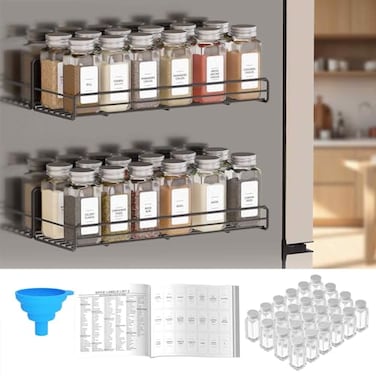 SpaceAid 2 Pack Magnetic Spice Rack with 24 Spice Jars 400 Labels and Funnel Space Saving Refrigerator Fridge Oven Shelf Organizer