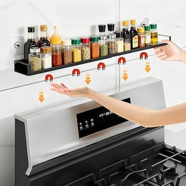 VANGAYH Magnetic Shelf for Stove Top Adjustable 1530 Stove Top Shelf Kitchen Magnetic Spice Rack Organizer Storage Stainless Steel Metallic Black