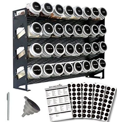 Ardier 4 Tier Spice Rack Organizer with 32 Square Spice Jars and 160 Spice Labels Set for Kitchen Cabinet Countertop Pantry or Wall Mount Matte Black