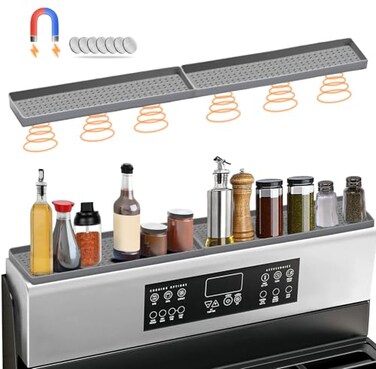 BFONS 30 Magnetic Stove Top Shelf Spice Rack Storage Silicone Top Heat Material Stove Rack Shelf Flexible Seasoning Organizer Kitchen Shelves Gadgets with 2 Functional Prtitions for Kitchen Grey