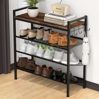 Refrze Shoe Rack for Front Door Entrance 4 Tier HeightAdjustable Metal Shoe Rack Sturdy Wooden Top and Tiltable Steel Frame Heavy Duty Shoe Organizer for BathroomBedroomKitchenInclude Hook