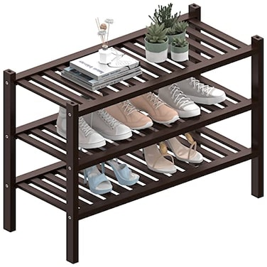 ROMGUAR CRAFT 3 Tier Thick Bamboo Shoe Rack for Closet Free Standing Wood Shoe Shelf for Entryway Small Space Stackable 27x12x21 Black Brown