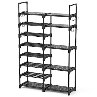 ROJASOP Shoe Rack Organizer 8Tier Metal Shoe Rack for Closet Entryway Garage 2632 Pairs Tall Shoe Boot Storage Shelf with 15 Hooks Stackable Large Shoe Stand