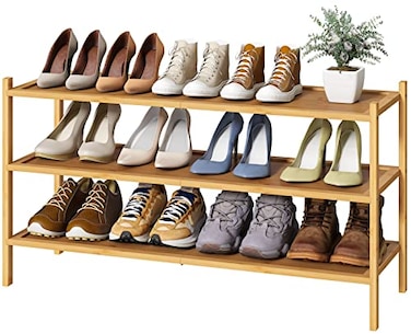 kiplant Long Shoe Rack Bamboo Wood 3Tier Shoe Rack for Entryway Stackable Foldable Natural Shoe Organizer for Hallway Closet Free Standing Shoe Racks for Indoor Outdoor