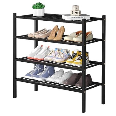 ROMGUAR CRAFT 4 Tier Bamboo Shoe Rack for Closet Free Standing Wood Shoe Shelf for Entryway Small Space Stackable 27x11x26 Black