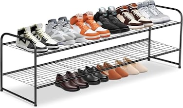 KEETDY 2Tier Long Shoe Rack for Closet Metal Shoe Organizer for Entryway Wide Stackable Shoe Storage Shelf with Sturdy Wire Grid for Closet Floor Bedroom Black
