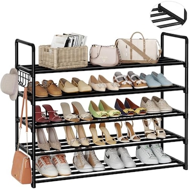 HOMICKER Metal Shoe Organizer5 Tiers Shoe Storage Shoe Rack with HooksFit 2025 PairsAdjustable Shoe Shelf for EntrywayHallwayBedroomMetal Bottom Support