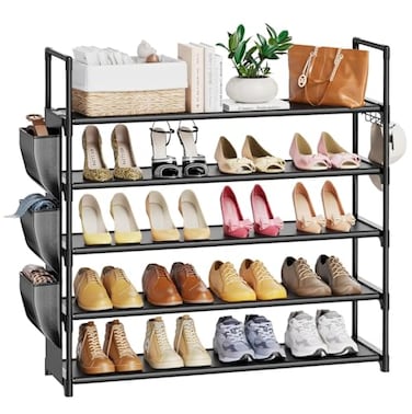 VILICK 5 Tier Shoe Rack with Hook and Side PocketShoe Organizer Space Saver Storage for 2025 Pair Shoe Storage Shelf Sturdy Free Standing Long Shoe Rack Organizer for ClosetEntrywaySmall Spaces