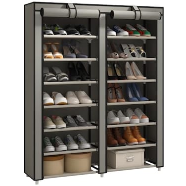JIUYOTREE Double Row Shoe Rack Storage Organizer with Big Capacity7Tier Shoe CabinetShelfCloset with Nonwoven Fabric Cover for 28 Pairs of ShoesGrey