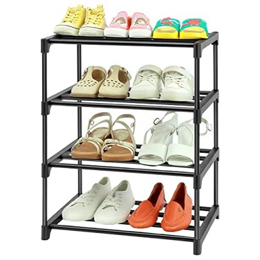 HITHIM 4Tier Small Shoe Racks Narrow Shoe Rack for 68 Pairs Shoe StorageKids Shoe Racks for Small PlaceLightweight Stackable Shoe Shelf Organizer for ClosetBlack