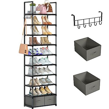 OYREL Tall Shoe Rack Narrow 10 Tier Shoes Rack 20 25 Pairs Shoe Storage Organizer for Closet Sturdy Metal Shoe Shelf Shoe Stand with 2 Boxes 1 Hook